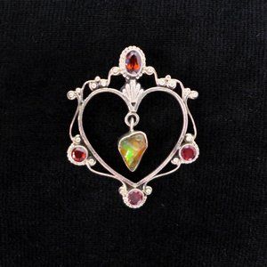 Raw Fire Opal Heart pendant Lab Garnets Vintage Estate piece